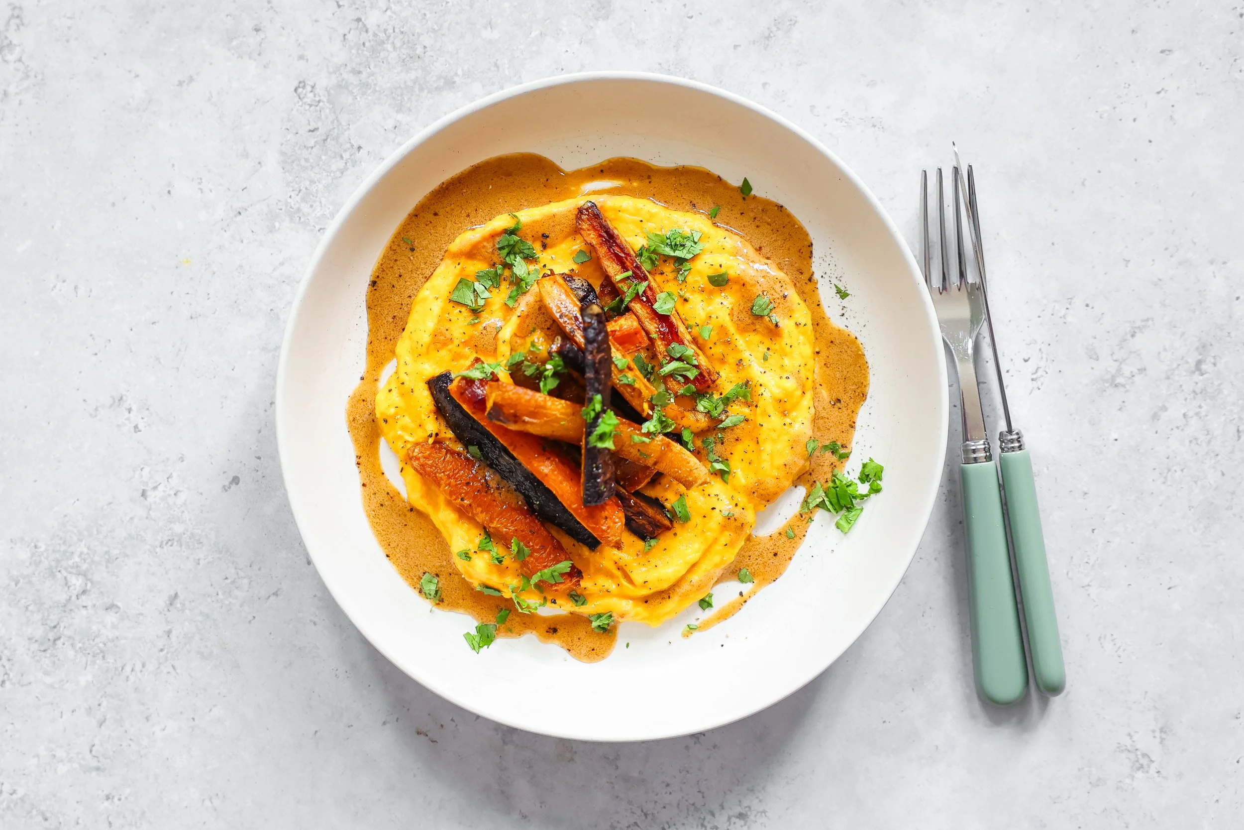 Rezept für Geschmorrte Karotten & Kürbispürree
