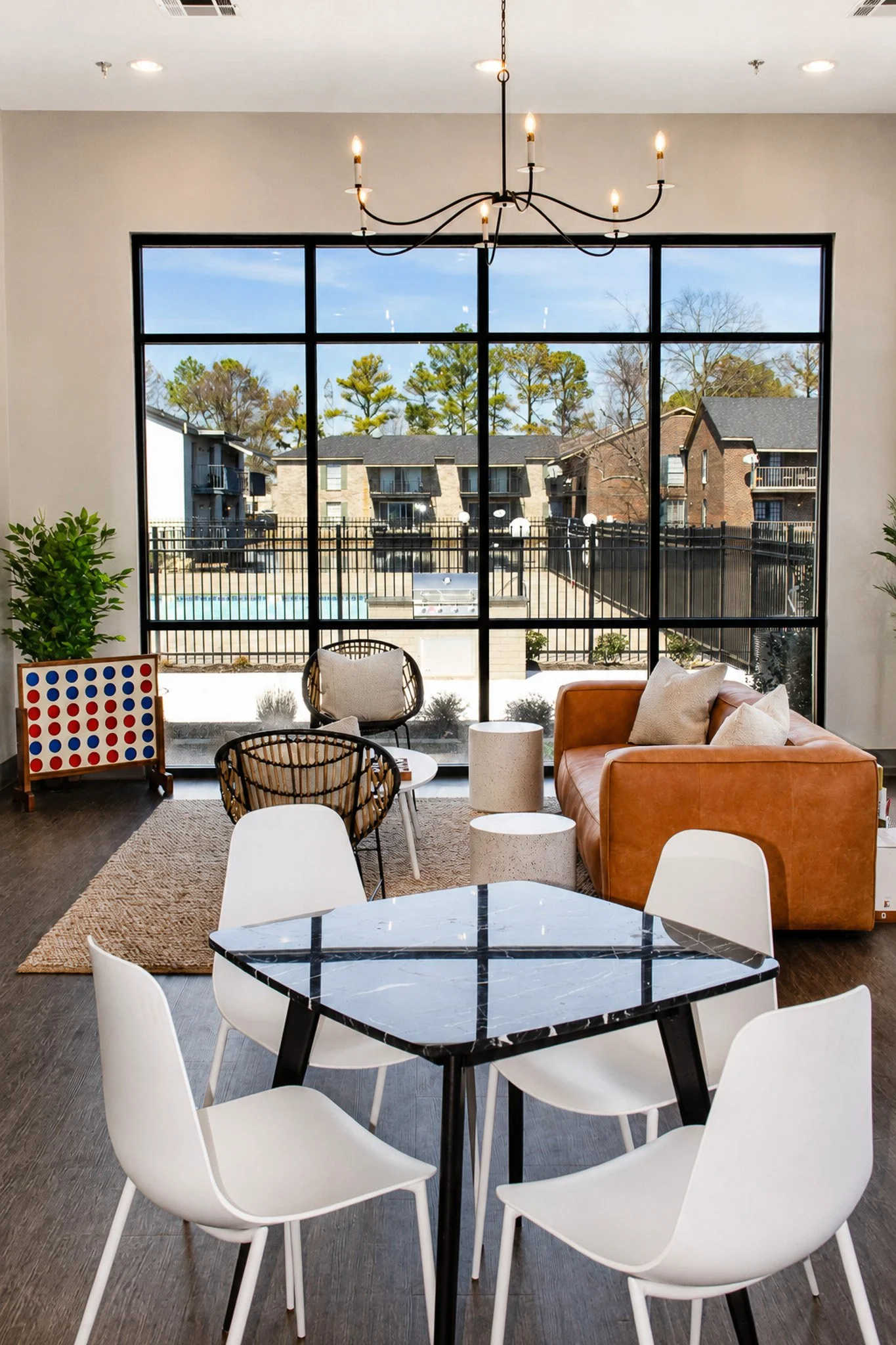 Table and chairs over looking the pool.
