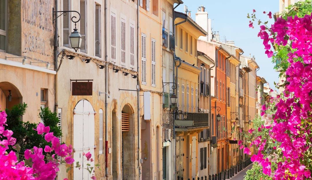 Colorful buildings on a sunny street with pink flowers on the right side.