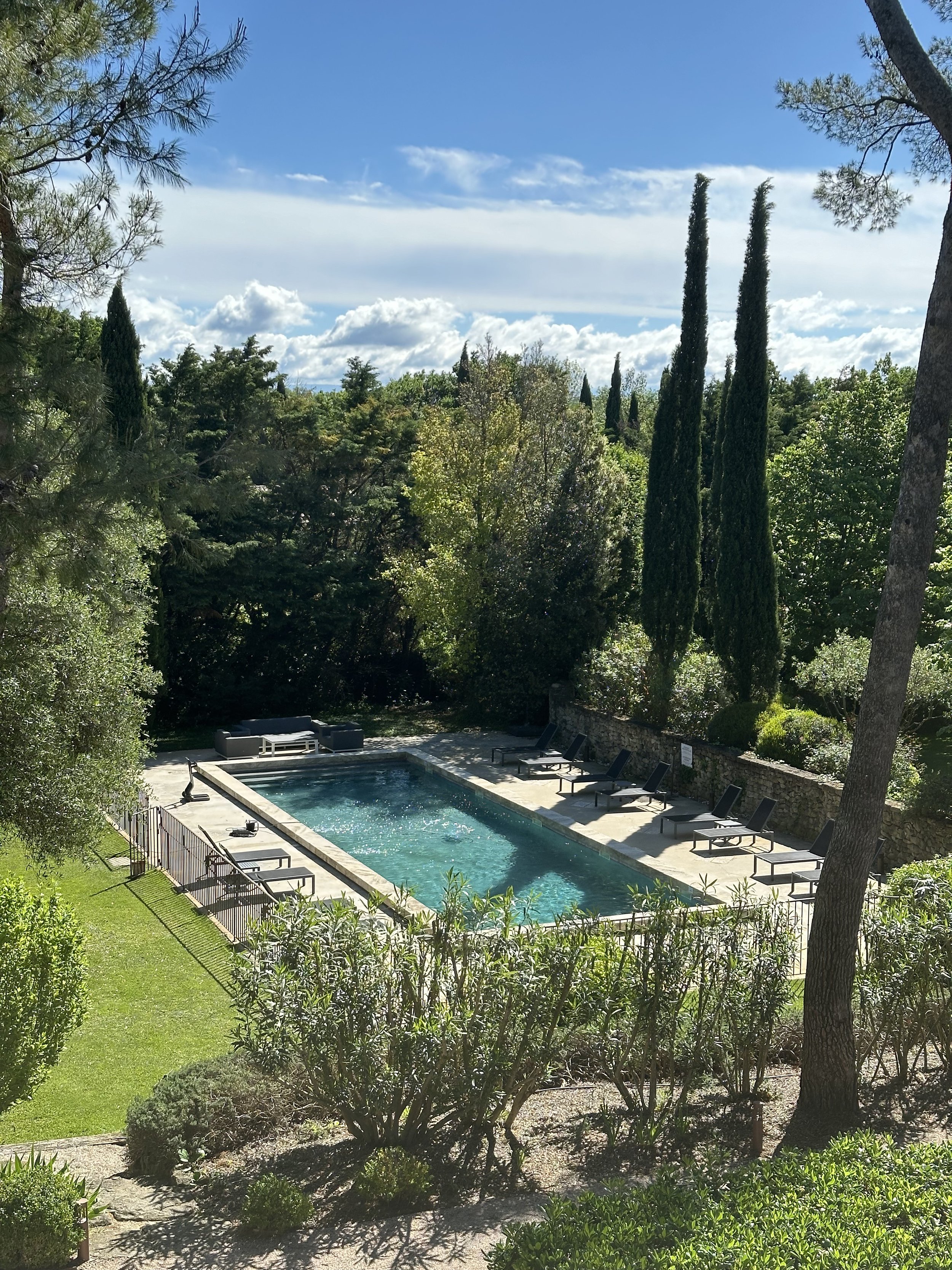 A rectangular outdoor swimming pool surrounded by lounge chairs and lush green trees on a sunny day.