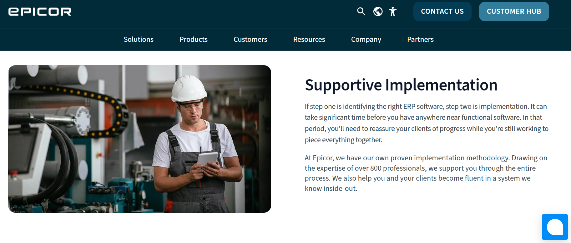 A screenshot of Epicor's website landing page on Supportive Implementation