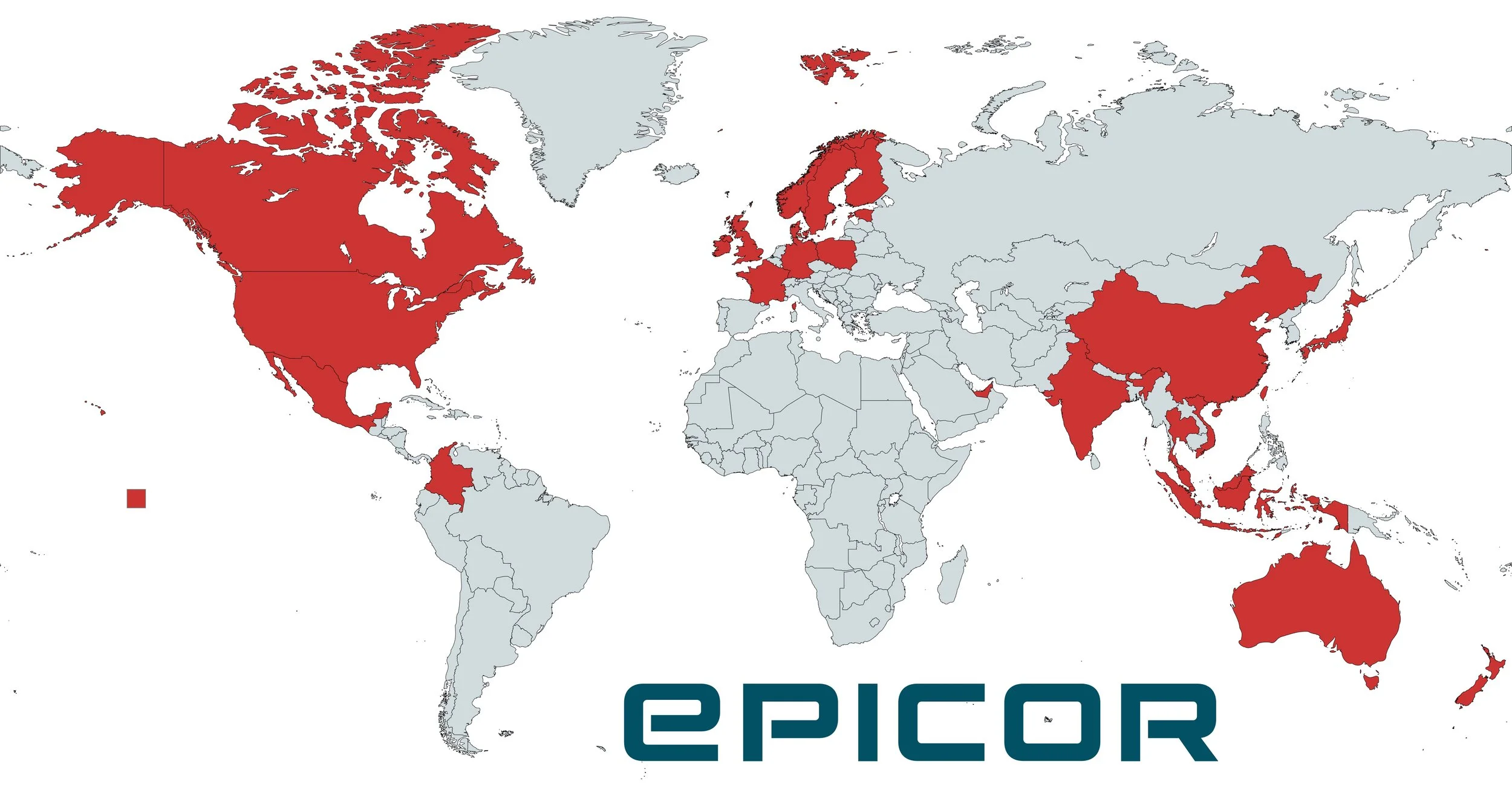 A map of the world showing each region Crash Rhino wrote partnership newsletters for during their support for Epicor