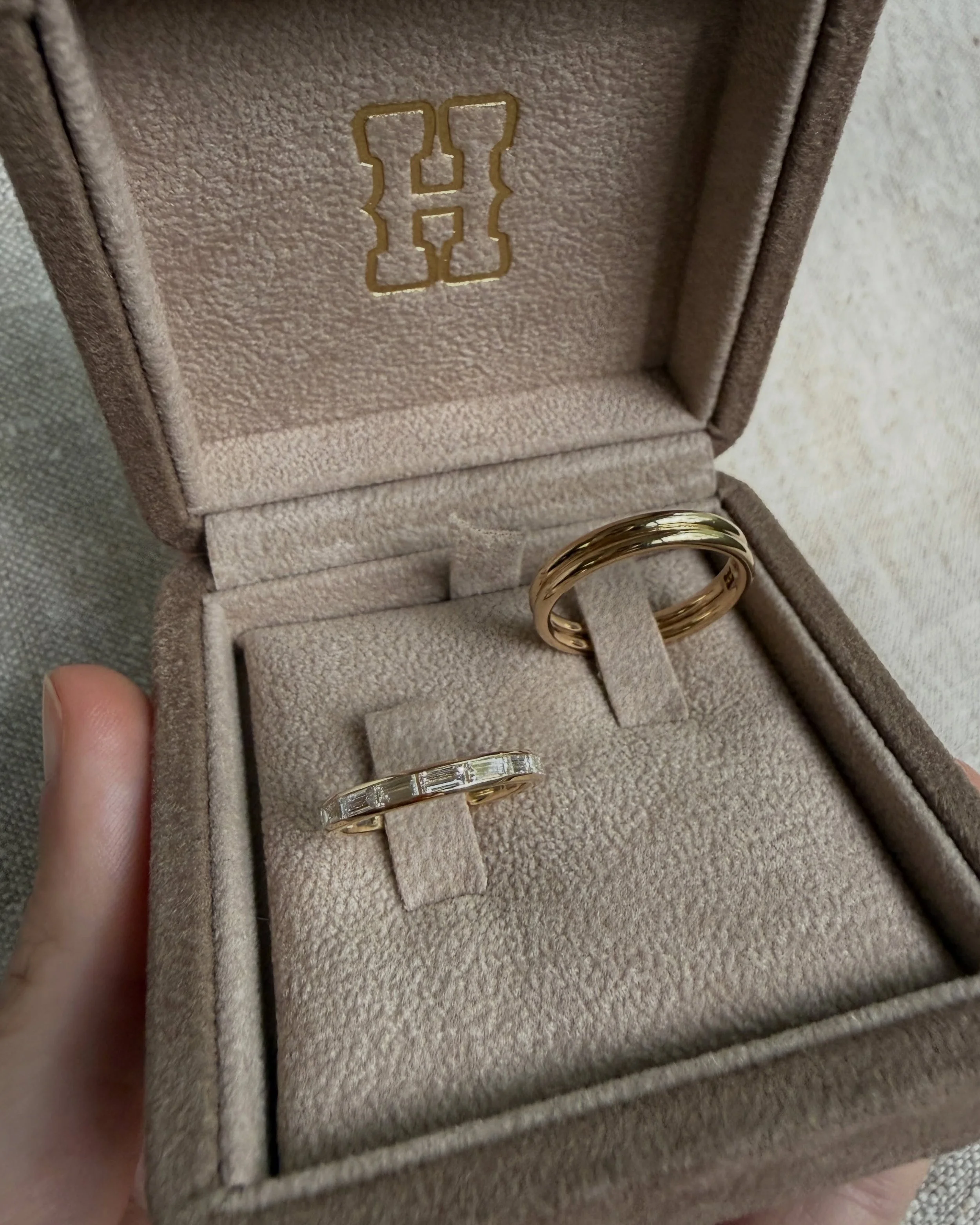 The sweetest coordinating wedding band set 🕊️

Classic with a touch of something special! He went with a double band to match her double band engagement ring (swipe to see) 🫶

P.S. if you have any custom holiday gift ideas floating around, submit a