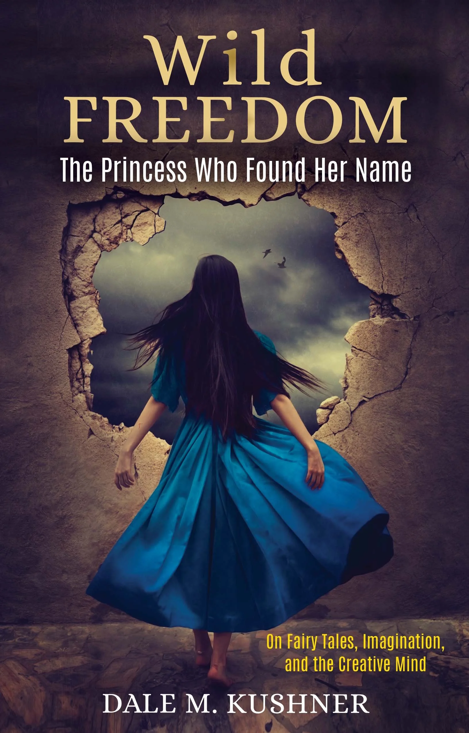Book cover titled "Wild Freedom: The Princess Who Found Her Name" by Dale M. Kushner, featuring a woman in a blue dress walking through a hole in a stone wall, looking out at a stormy sky with birds flying.