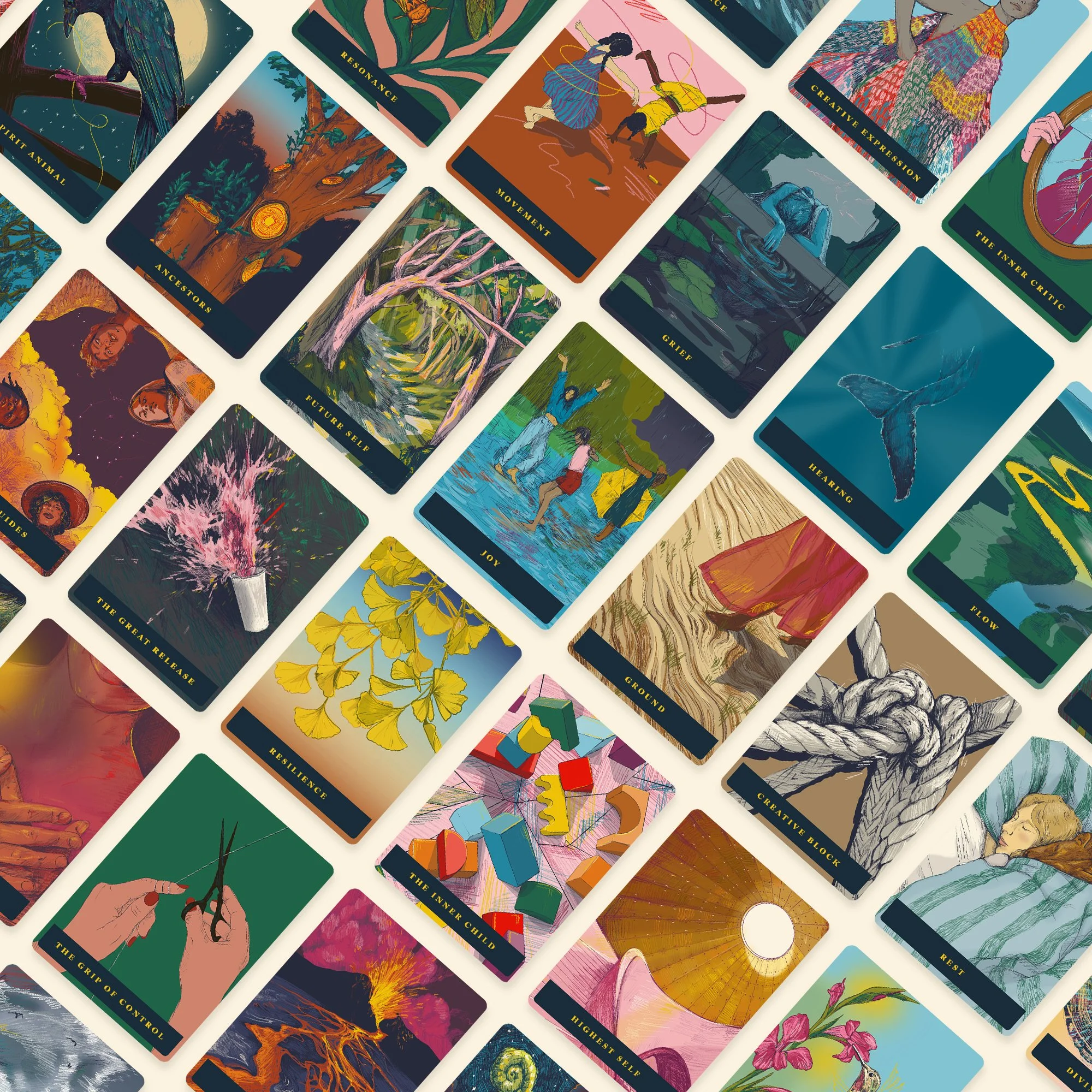 A collection of colorful tarot cards laid out in a grid pattern, featuring illustrations of diverse themes including animals, nature, humans, and abstract designs, with labels such as 'Resilience,' 'Joy,' 'Creativity,' and 'The Inner Child.'