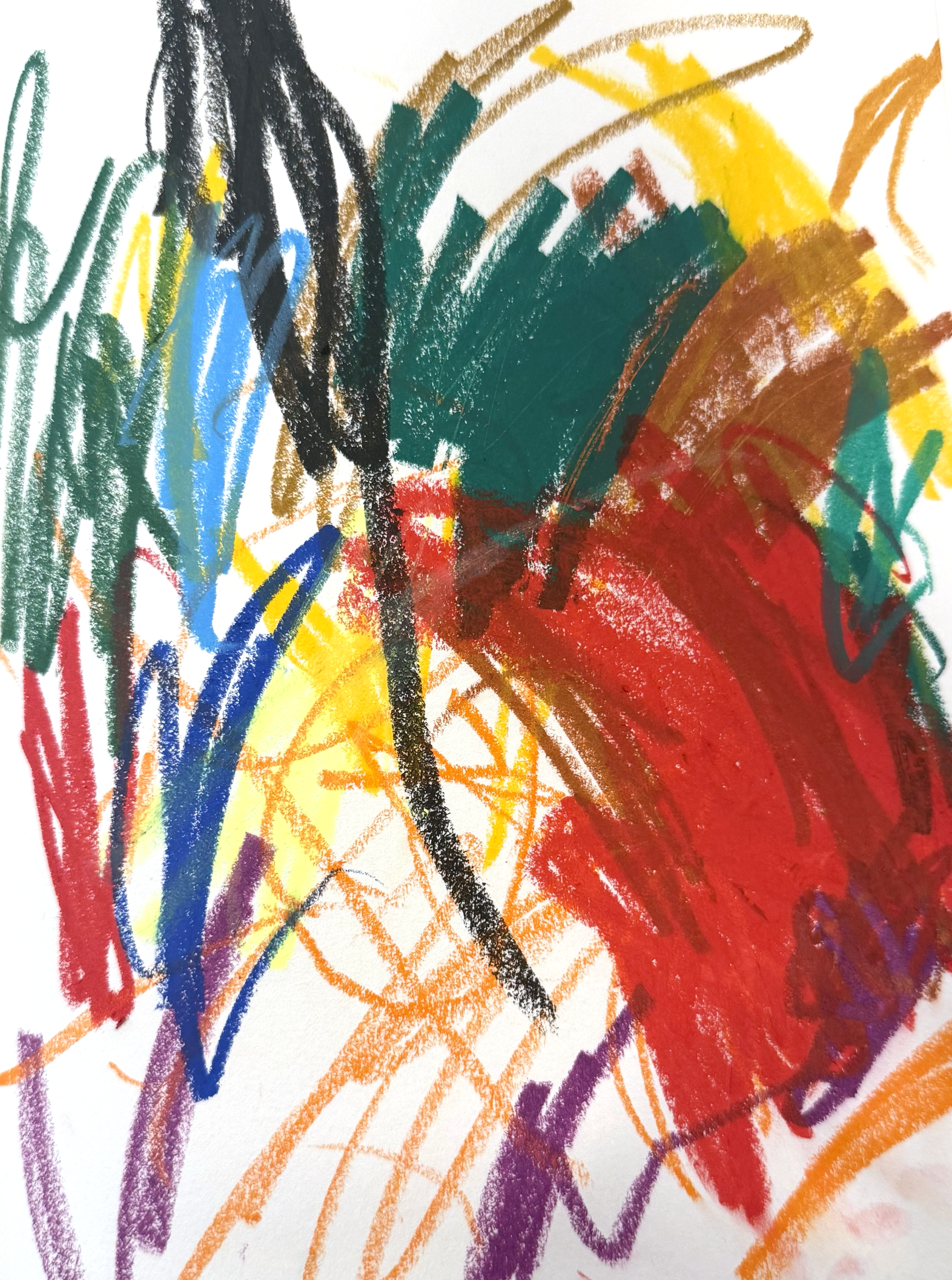 Colorful crayon drawing featuring various scribbles and lines in green, black, blue, yellow, orange, red, purple, and brown on white paper.
