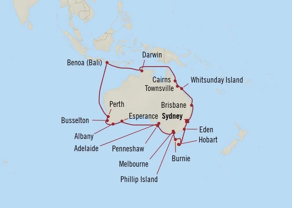 Map of Australia with cities and locations marked, including Sydney, Melbourne, Brisbane, Perth, Adelaide, and others, with a route connecting various points.