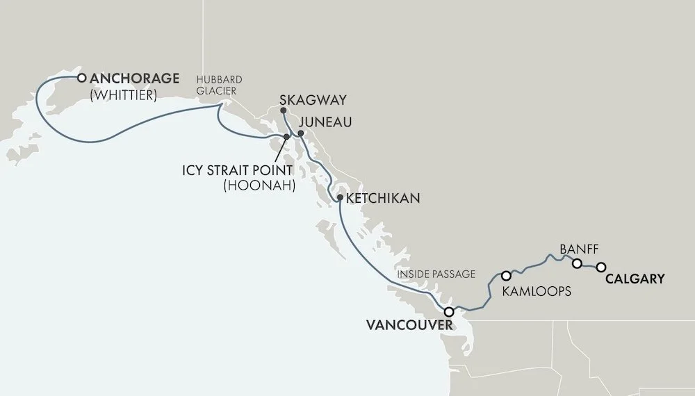 Map of a cruise and Rocky Mountaineer route from Anchorage, Alaska to Calgary, Canada, passing through Juneau, Skagway, Ketchikan, Vancouver, Kamloops, Banff, and inside passage.