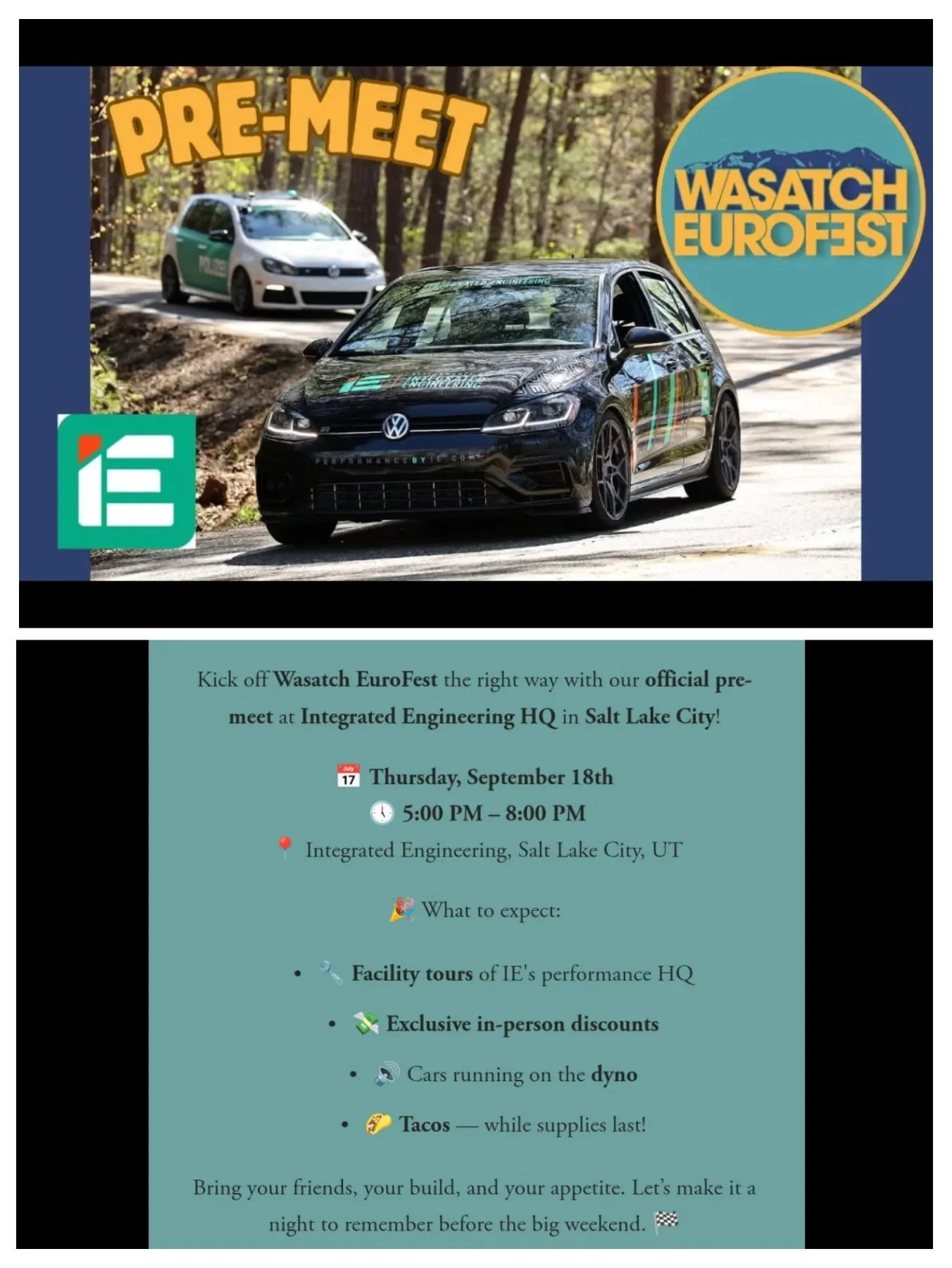 🚨Official Pre-meet hosted by title sponsor @integrated_engineering!!🚨

Sept 18th | 5PM - 8PM

Free Food
Live Dyno Pulls
In-Person Only Discounts
Epic Builds &amp; Good Vibes

Whether you're a customer, partner, or just love cars-this is the spot to
