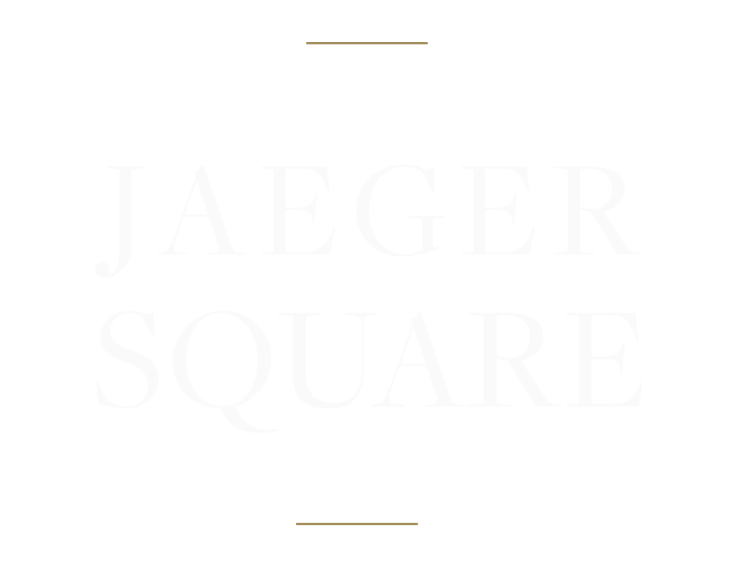 Logo for Jaeger Square in white text on a black background with gold accents.