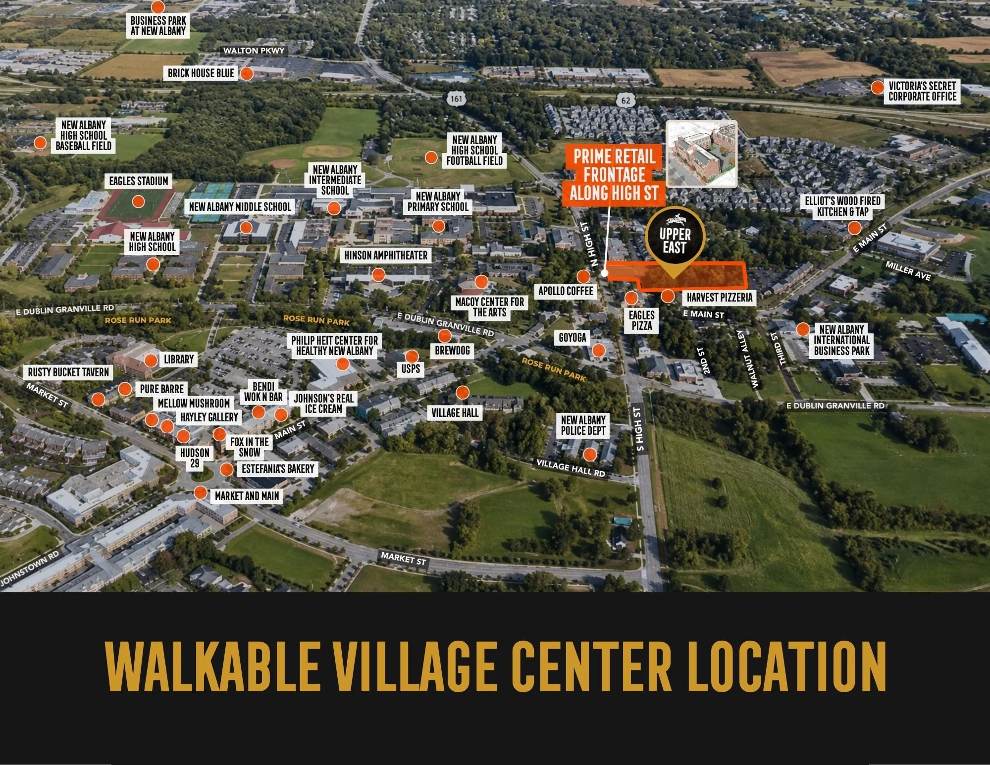 Upper East New Albany mixed-use development with street-level retail space for lease in the New Albany Village Center