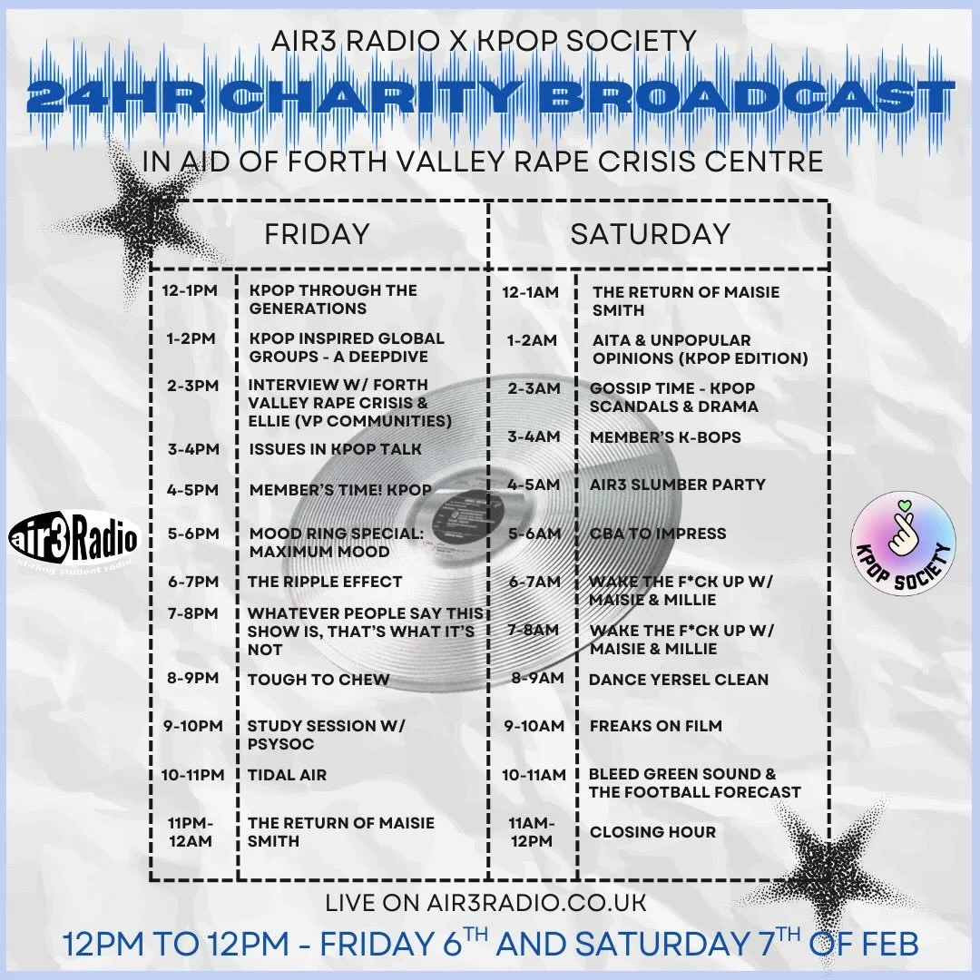 Tomorrow!! Air3 Radio x Kpop Society 24 hour charity broadcast! 🎵🎶
Tune in and dontate to help us support Forth Valley Rape Crisis Centre. We&rsquo;ll be live from 12pm to 12pm with nonstop chatter, patter, and good vibes! 🎙️

#air3radio #fundrais