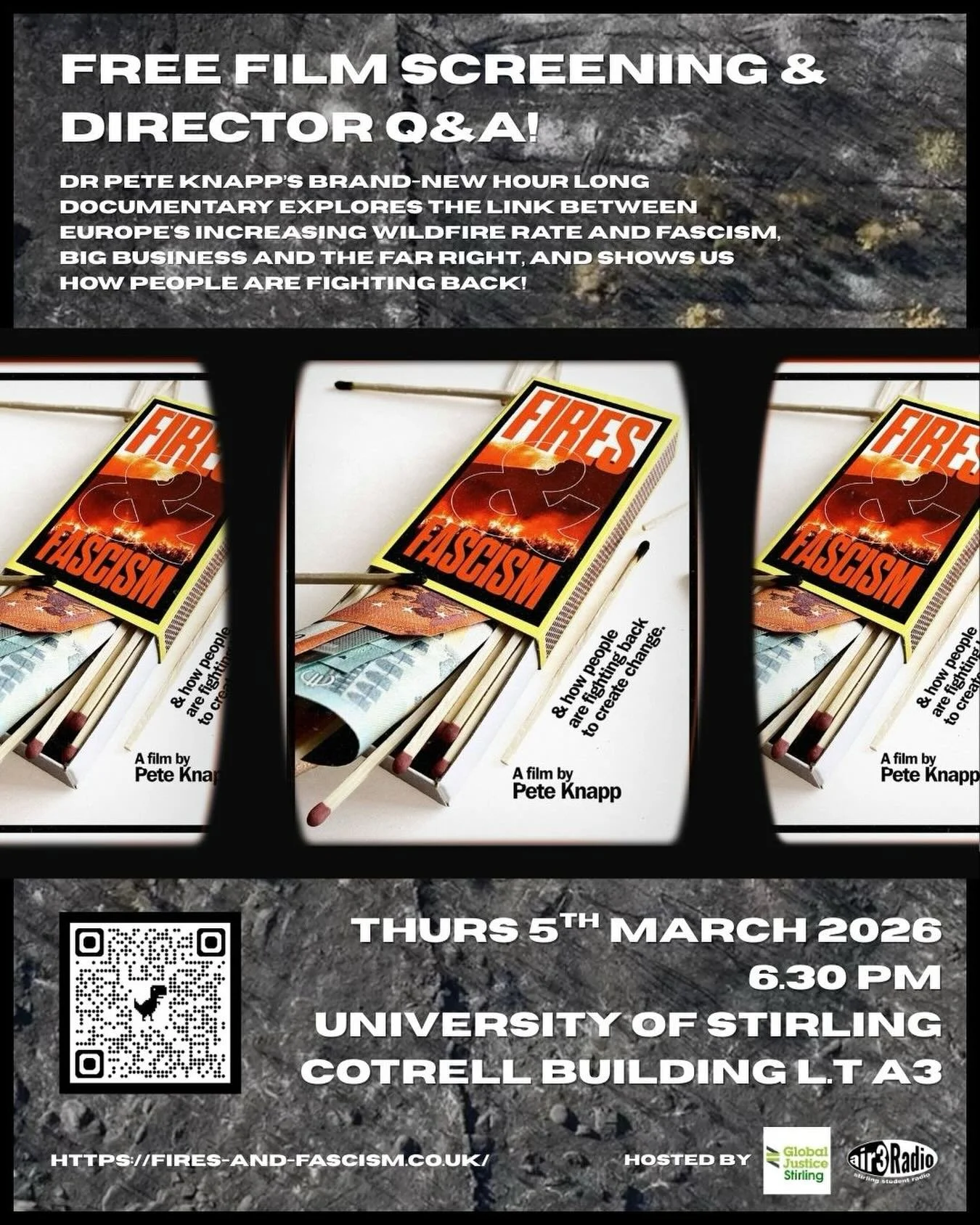 THIS THURSDAY! Join us at 6.30pm in C.LTA3 for the FREE Stirling screening of the new documentary, Fires and Fascism! This screening includes an in-person Q&amp;A segment with director, Dr Pete Knapp. 📽️🎞️ 

Air3 Radio has the luck to have Pete on 