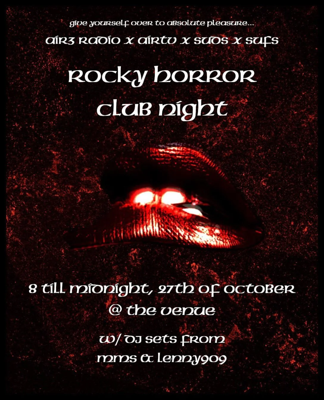 AIR3 RADIO x AIRTV x SUDS x SUFC present&hellip;

A HALLOWEEK ROCKY HORROR CLUB NIGHT!

DJs @ma1s1e &amp; @l.enny909 will be on the decks all night long:
MMS is an upcoming Glasgow-based DJ who has played sets at The Berkeley Suite, La Cheetah and mo