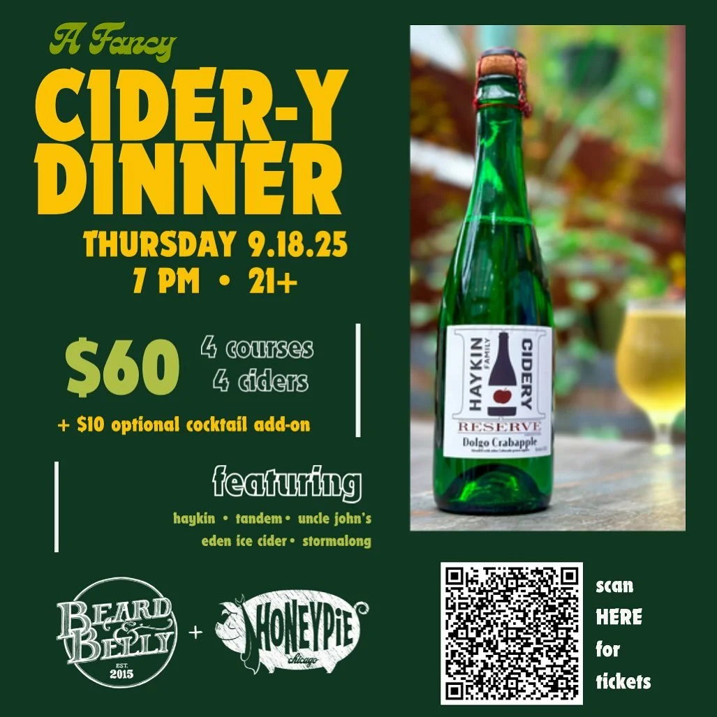CIDER DINNER

Yes, the THIRD ANNUAL 🍏 Cider Dinner 🍏 has arrived, &amp; so we present the menu:

🐖 AMUSE BOUCHE: Pork Belly Burnt-End Chicharron

🍒 FIRST: Green Apple Salad, Blue Cheese, Candied Pecans, Dried Cherry w/ Cider Vinaigrette

🎃 SECON