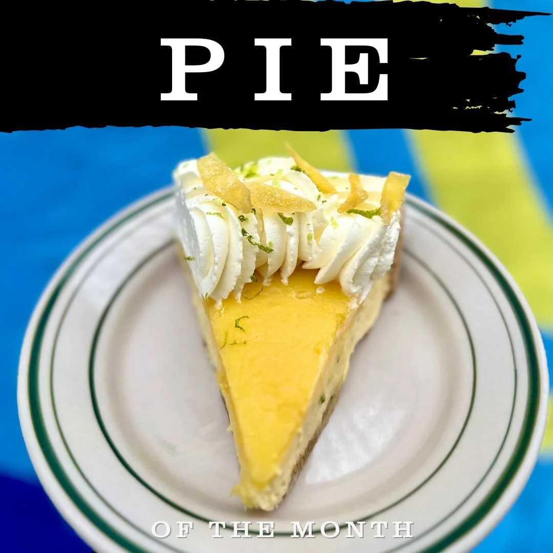 PIE
 Add a twist of citrus kick 💥🍋&zwj;🟩 to your new year with our latest Pie of the Month:  MEYER LEMON-LIME
🥧 Graham Cracker Crust
🍋 Key Lime base topped with Meyer Lemon Curd
🍦Decorated with a ring of Freshly Whipped Cream, Candied Meyer Lem