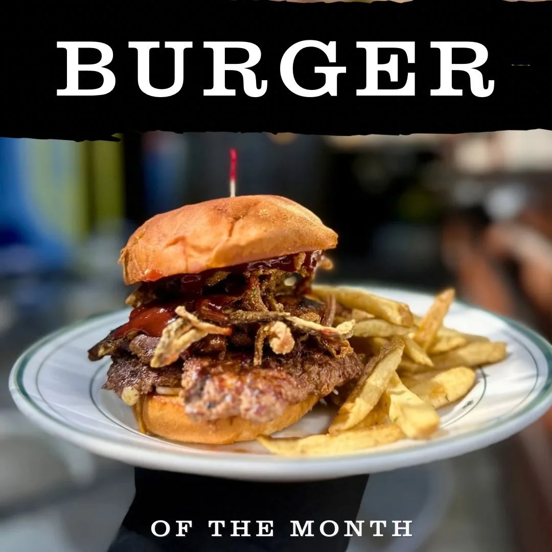 Burger

Sir Reginald or Mr. Piggy, either way this esteemed burger of June will give you exactly what you need. 

Mr. Piggy 🐖 
🍔 House Beef Blend Patty
🐽 Pork Belly Burnt Ends
🍒 Door County Cherry BBQ Sauce
🧅 Fried Pickled Onions
🌾 Serrano &ldq