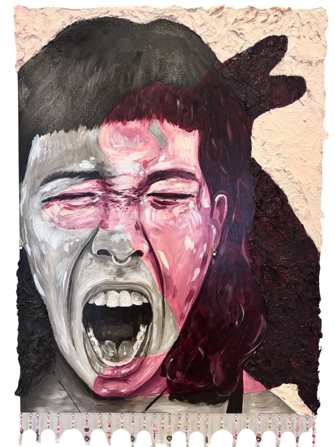 Louder, 2026 - Acrylic, Faux Fur and beads on Wood Panel - 12 x 16 inches