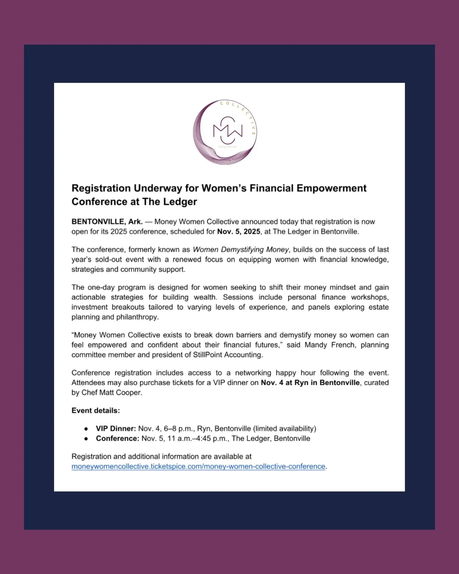 Join us November 5th at the Ledger for a day focused on equipping women with financial knowledge, strategies and community support with Money Women Collective!

Register now at the link in bio.