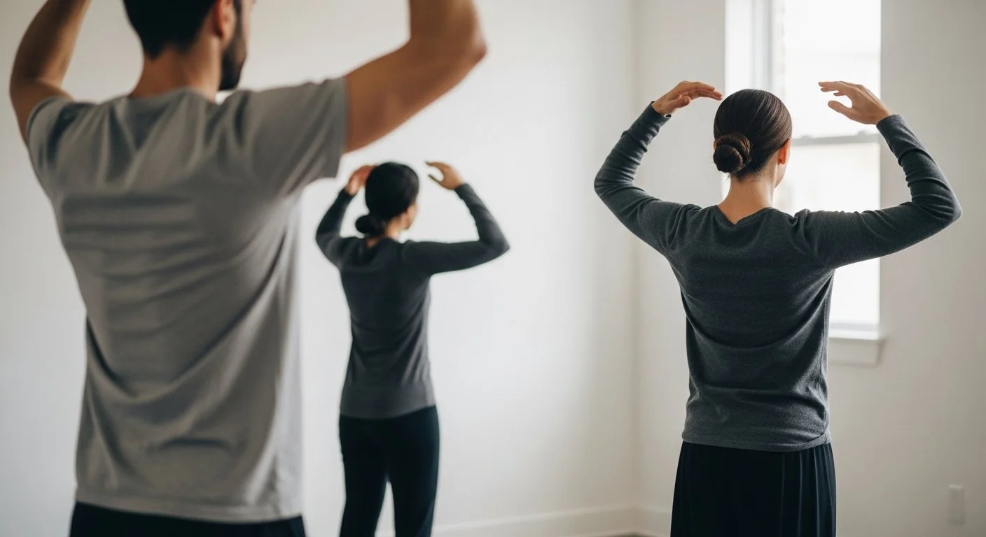 Embodiment coaching session with participants practicing slow, guided body-awareness movements in a quiet studio setting.
