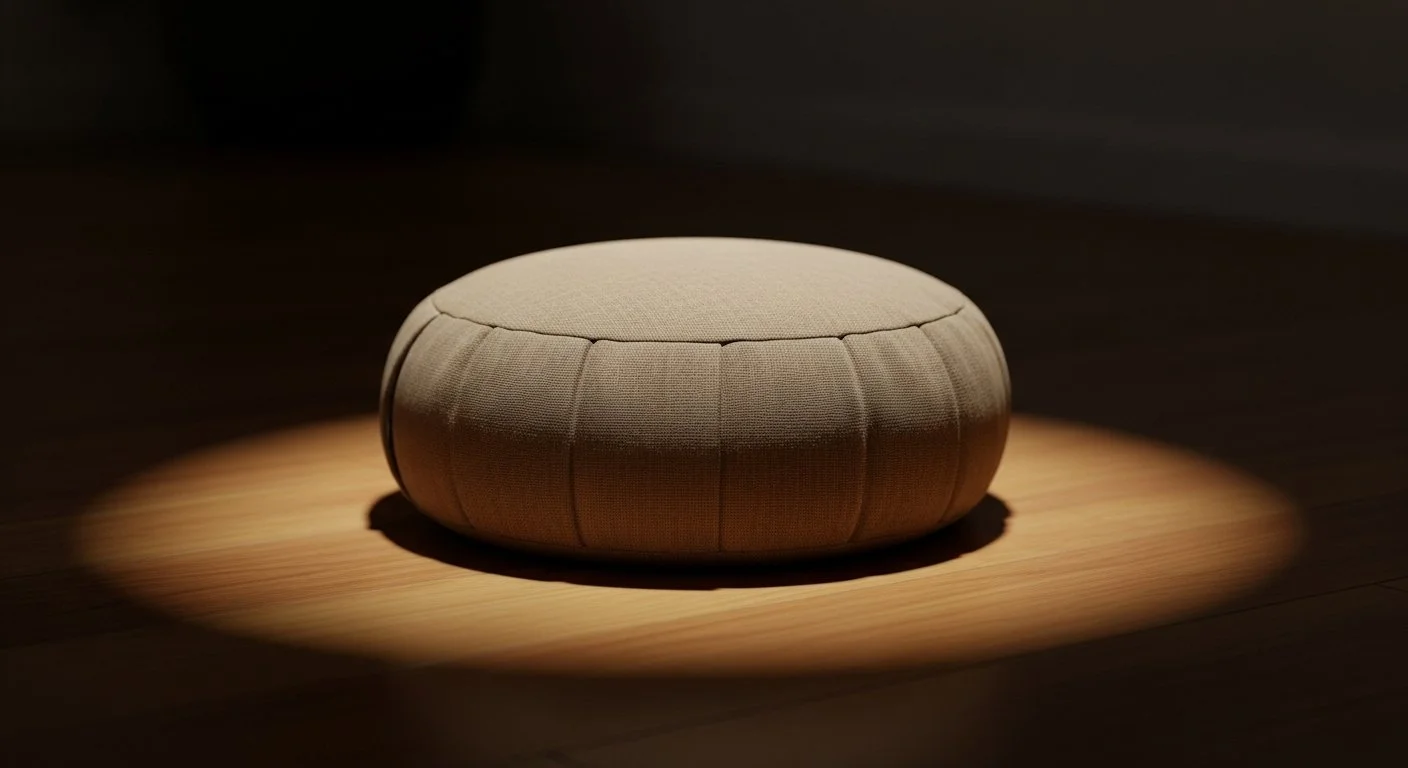 Meditation cushion (zafu) cast in a soft spotlight against a wood floor.