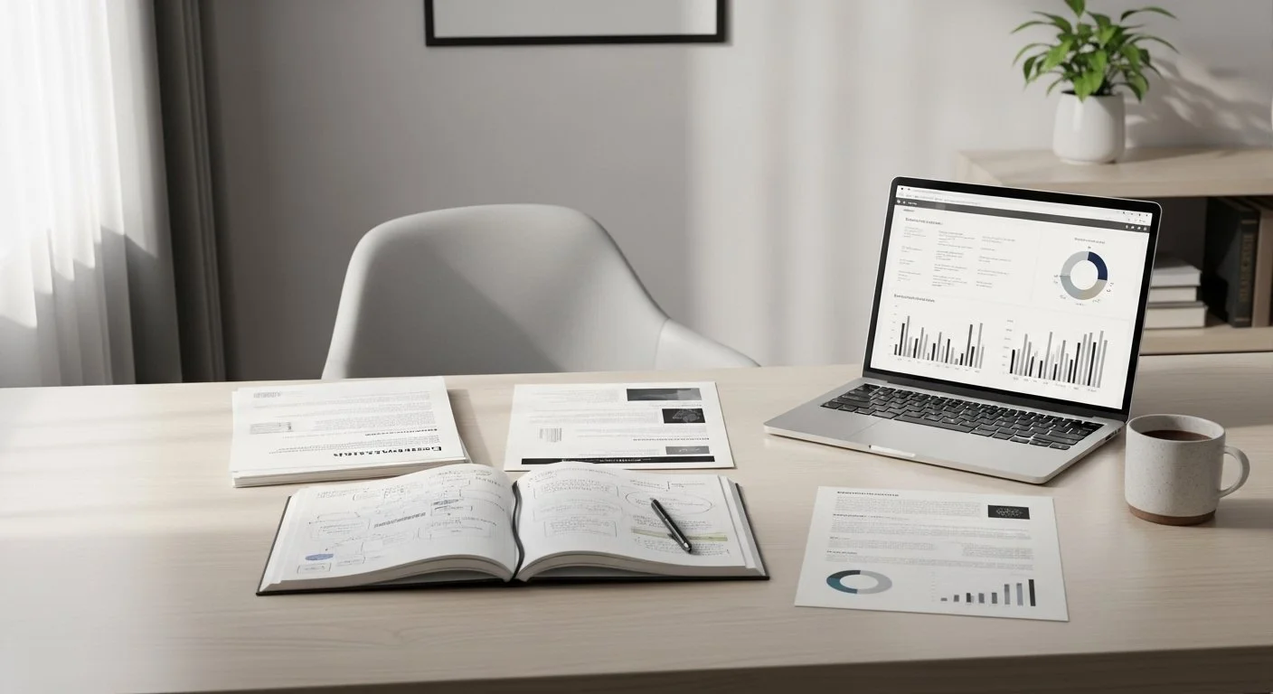 Research workspace with notebook, printed study materials, and laptop displaying data charts related to embodiment and attention research.