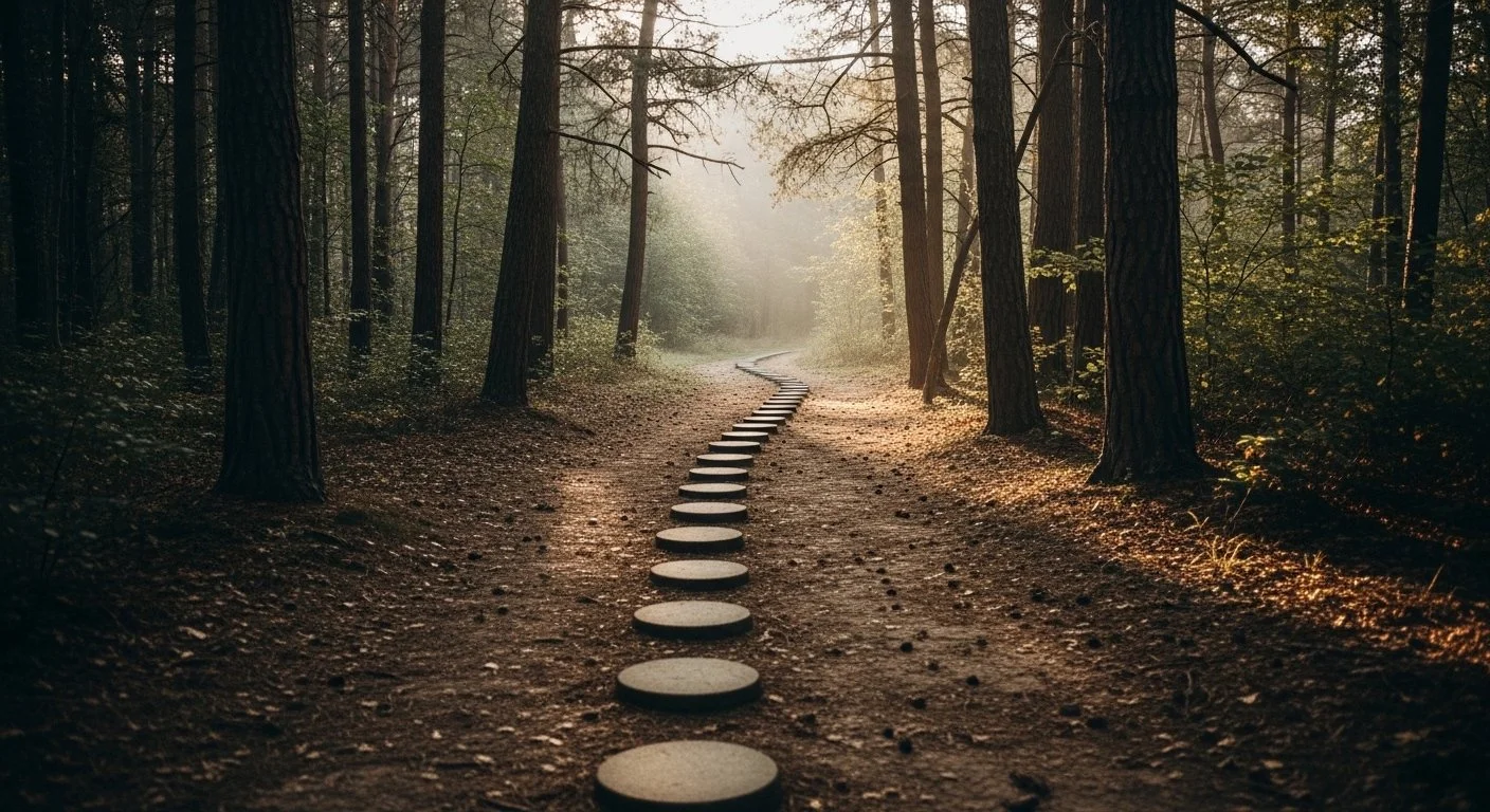 Forest path with stepping stones representing thoughtful and ethical guidance.