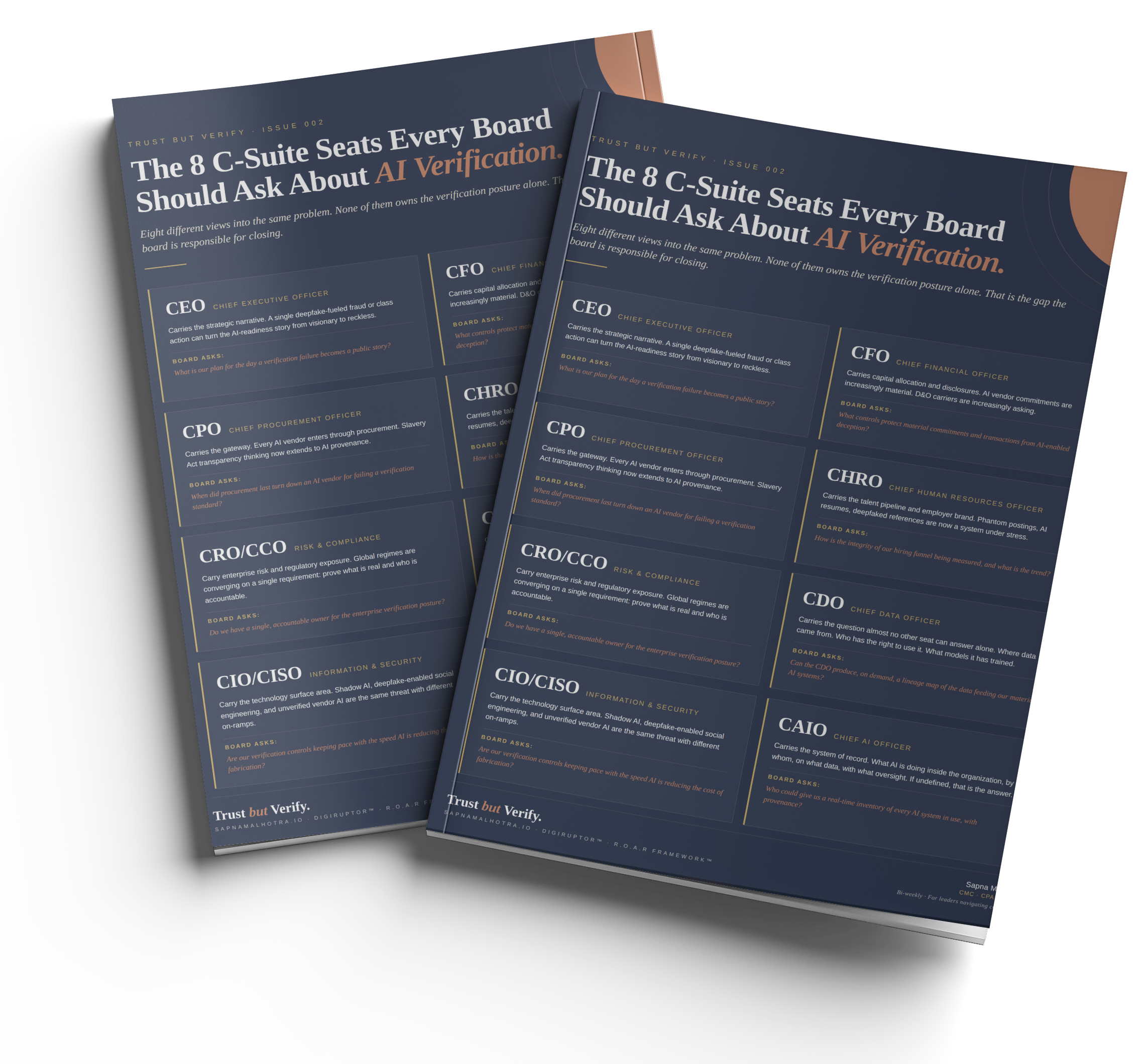 The 8 C-Suite Seats Every Board Should Ask About AI Verification, CEO, CFO, CPO, CHRO, CRO, CDO, CIO/CISO, CAIO, AI Governance, AI Verification, Sapna Malhotra,