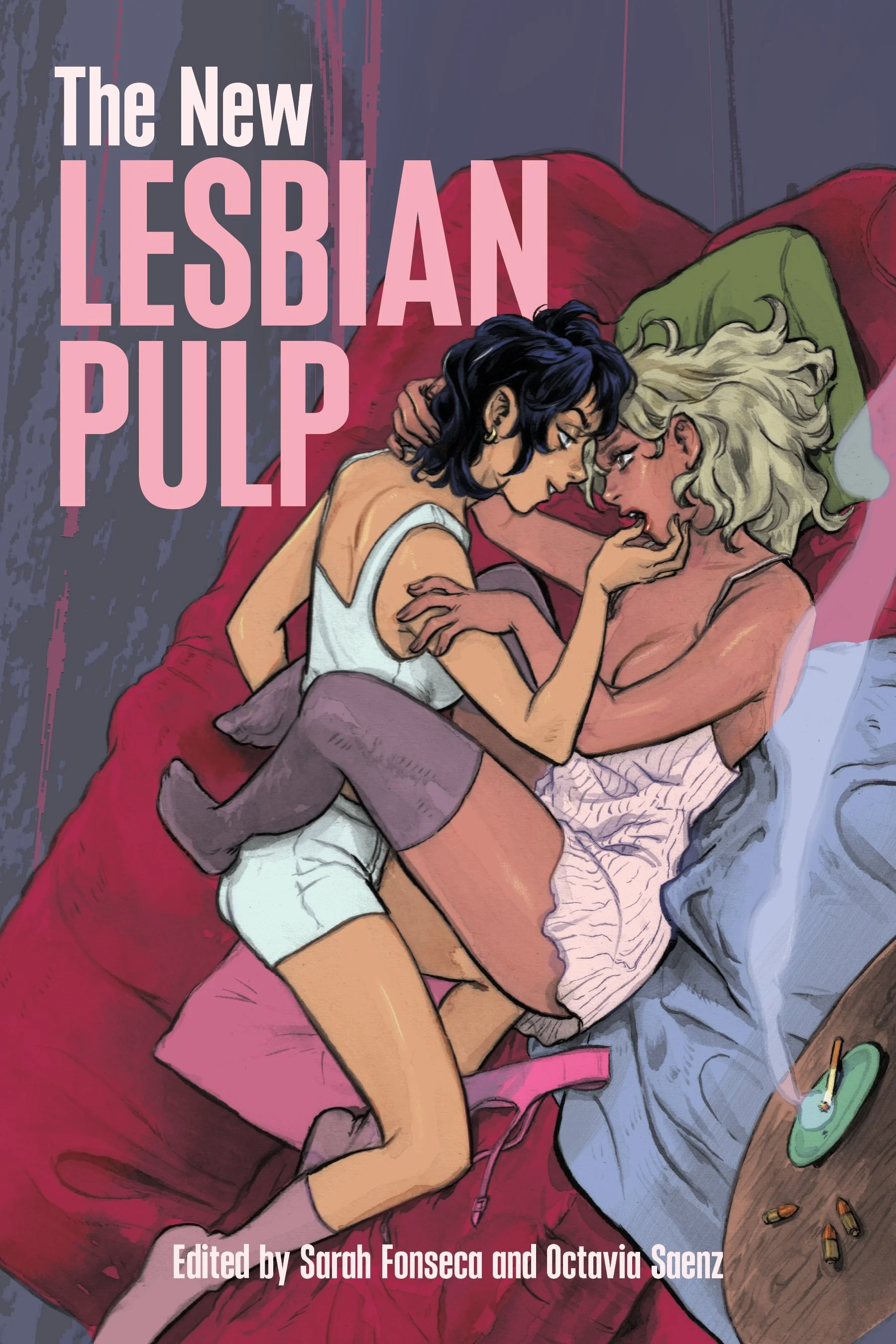 Cover of The New Lesbian Pulp edited by Sarah Fonseca and Octavia Saenz, featuring an illustration of two young women about to kiss on a couch