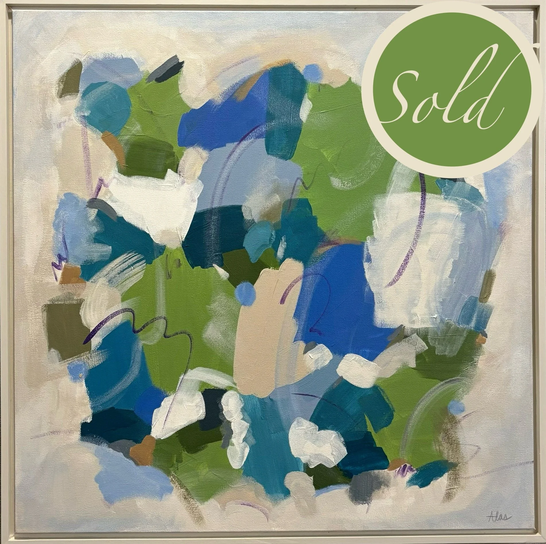 SOLD •
Hues of Blues •
25" x 25" Canvas •
Painted Frame