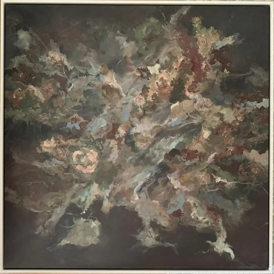 Abstract floral commission painting in rose, sage and plum on a dark ground by Taylor Alas