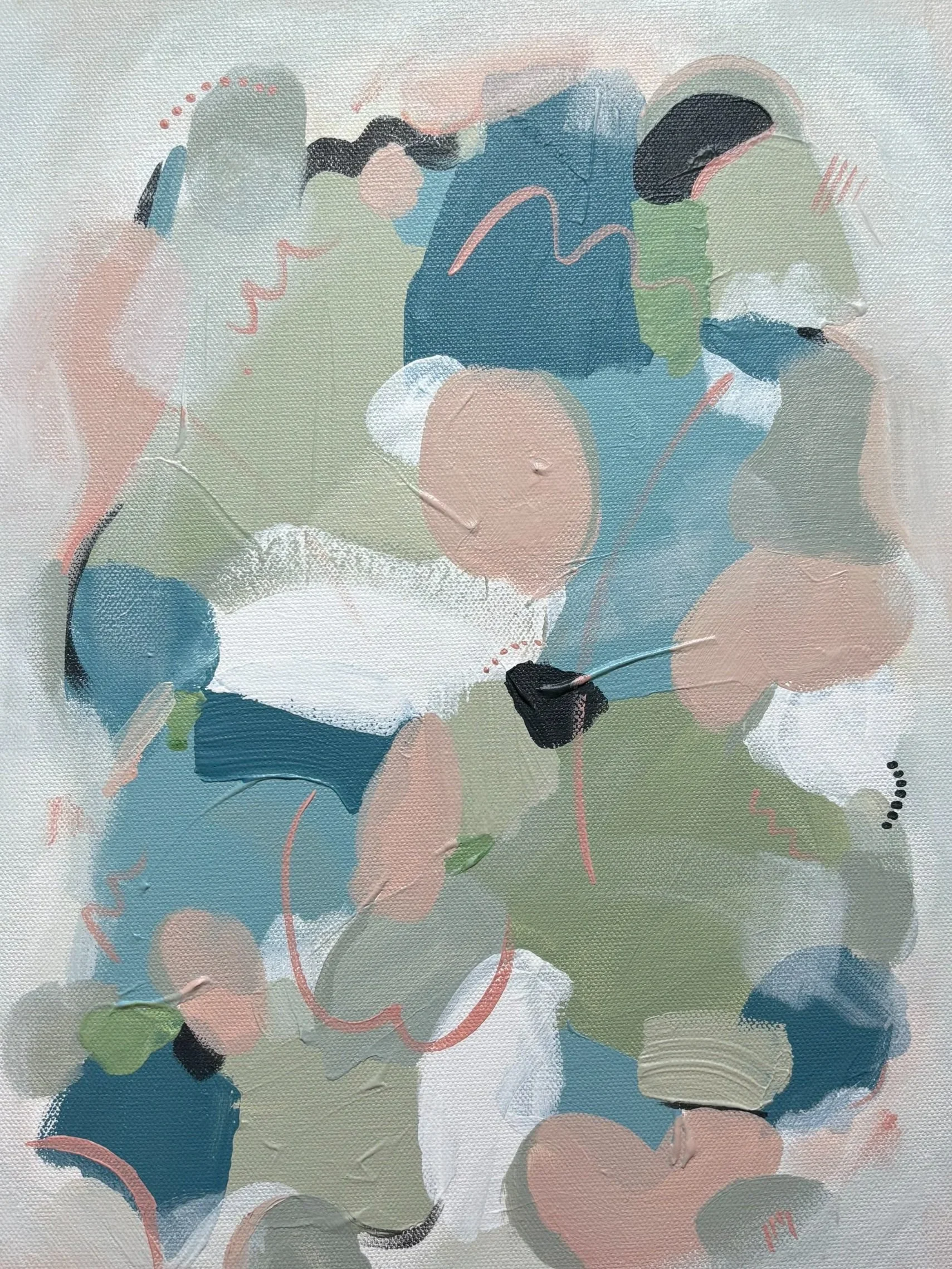 Stone Fruit and Sage, a commissioned abstract painting in teal, sage and peach by Taylor Alas