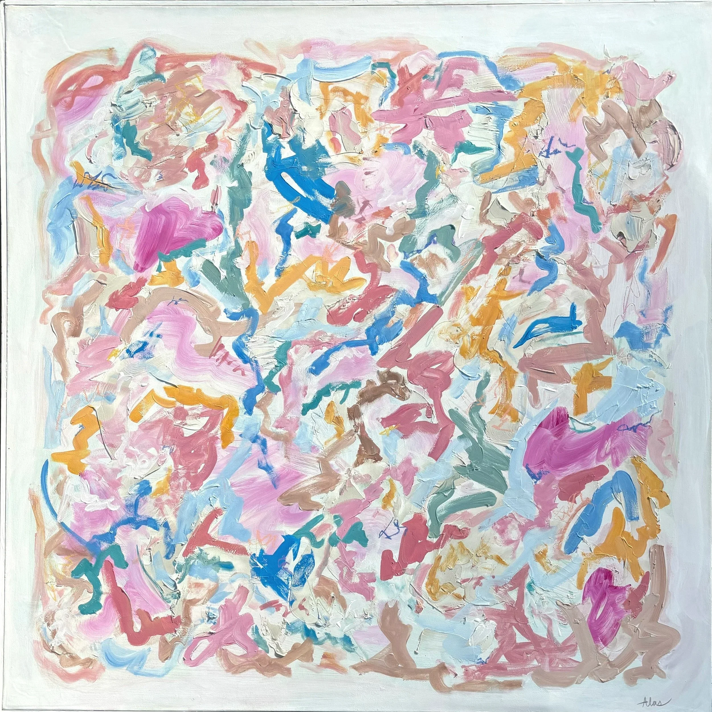 CPE, a commissioned abstract painting in pastel pink, blue and gold by Taylor Alas