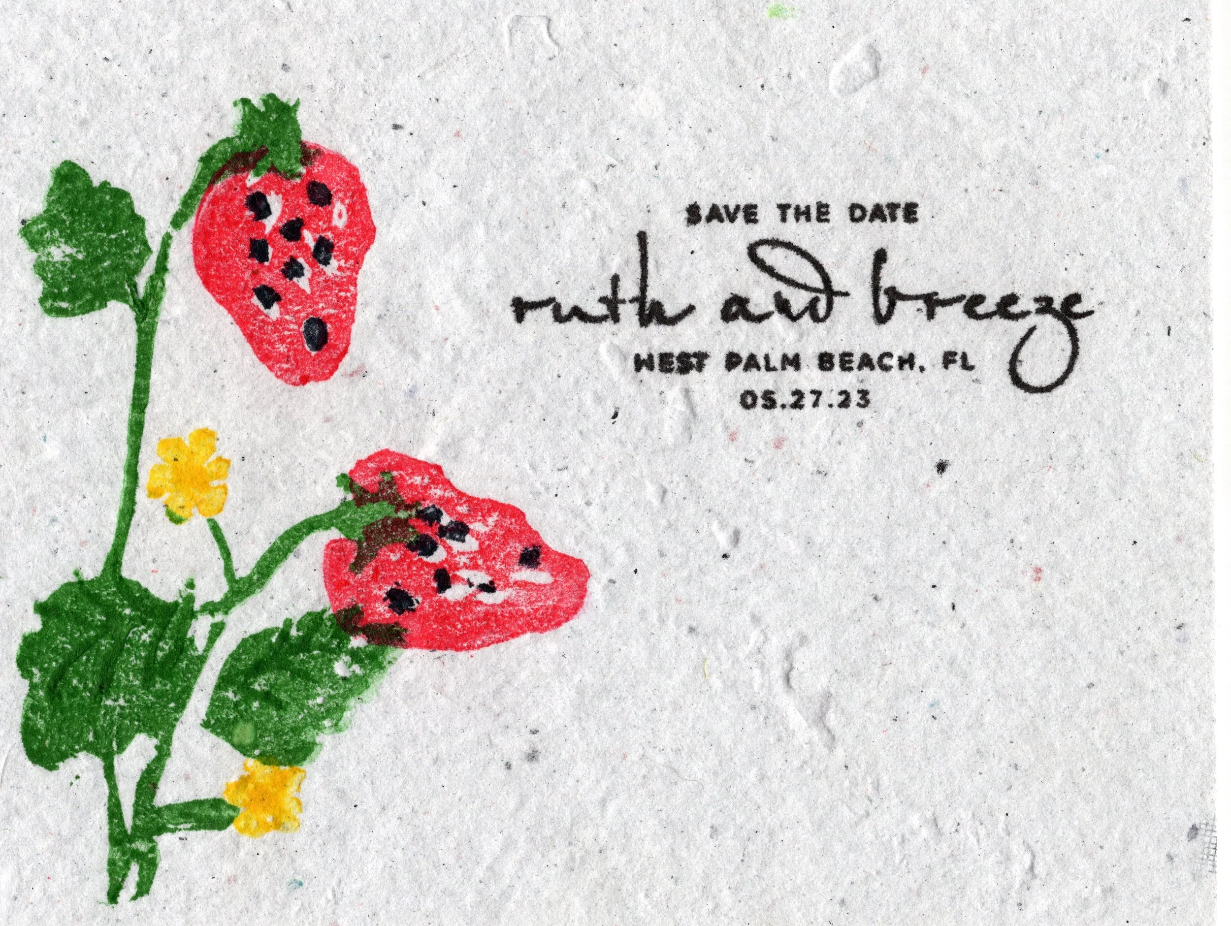 Save the Date made from handmade recycled paper, printed with 4-part hand carved stamp, 2022