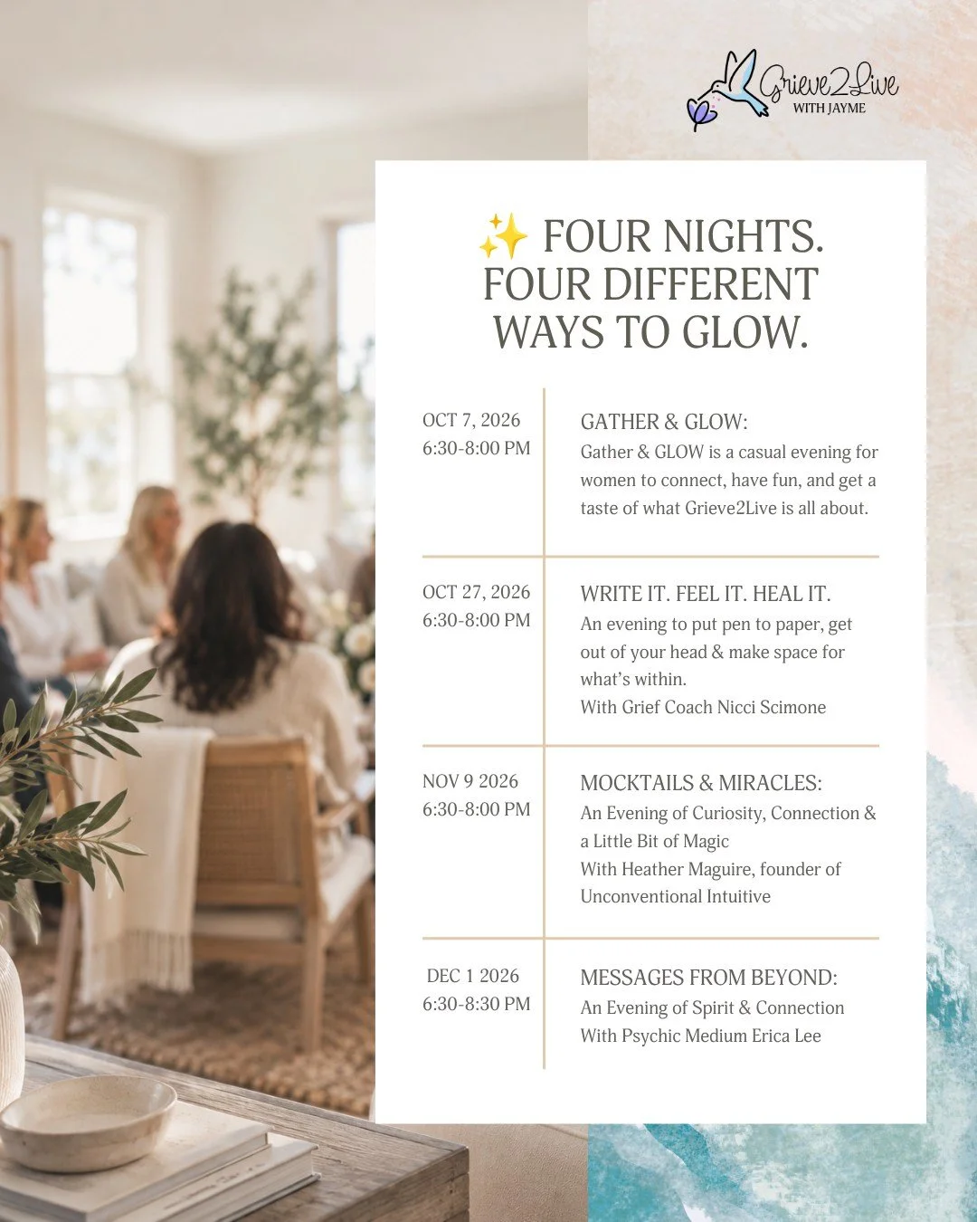 ✨ FOUR NIGHTS. FOUR DIFFERENT WAYS TO GLOW.

GLOW Gatherings are back this fall&mdash;and each evening offers a different way to connect, reflect, explore, and have a little fun.

Maybe you need community.
Maybe you need to get out of your head and o