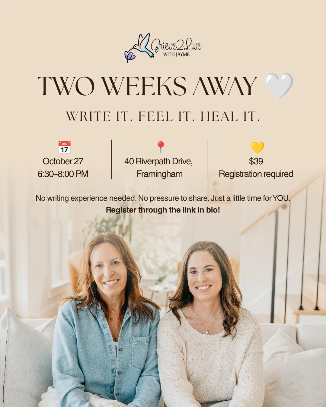 What actually happens at a journaling event? 

We're so glad you asked!

Join me and Grief Coach Nicci Scimone for Write It. Feel It. Heal It. &mdash; an evening to put pen to paper, get out of your head, and make space for what's within.

Here's a l