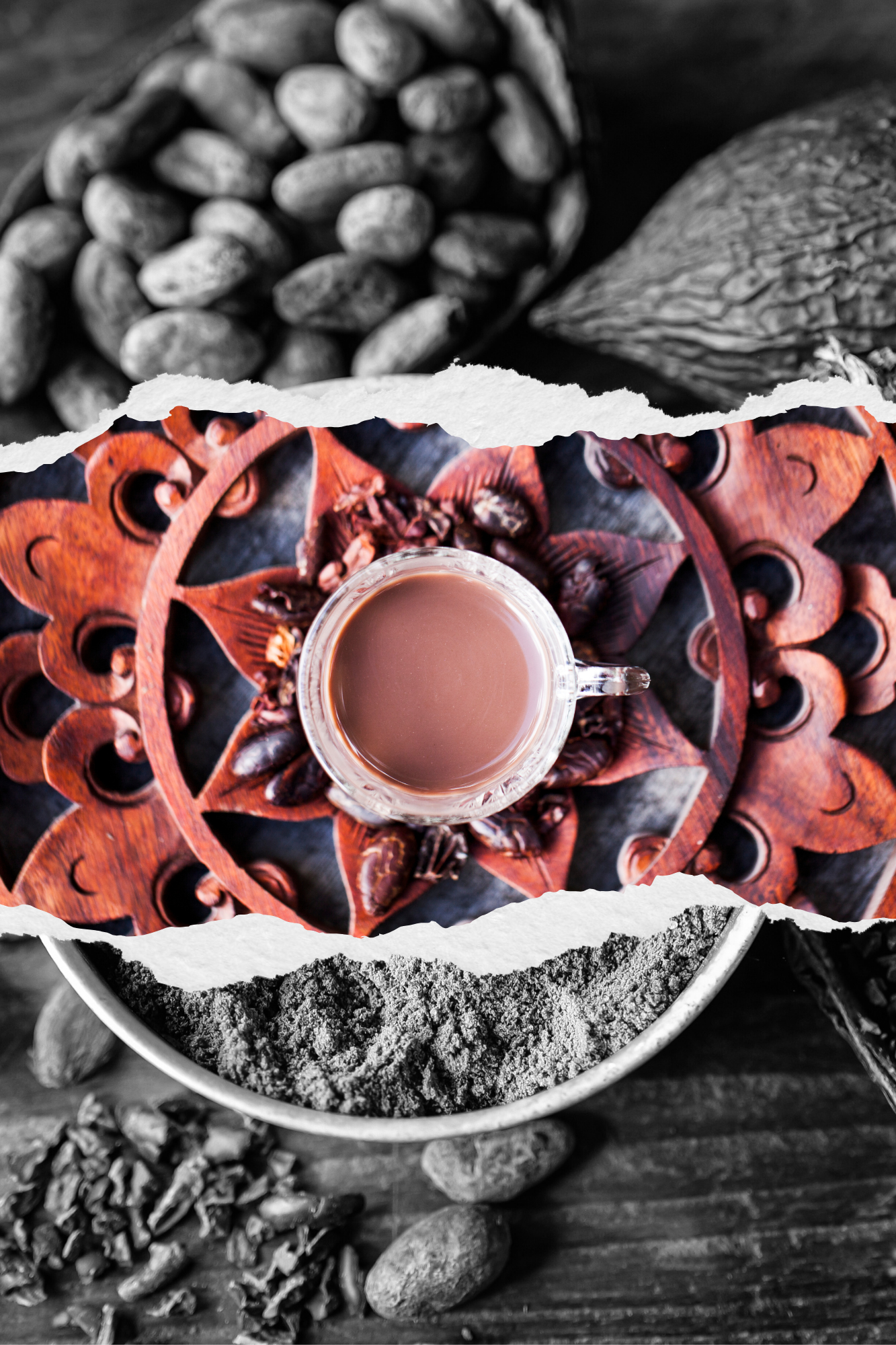 A layered collage featuring cocoa beans, cocoa powder, and a cup of hot chocolate on a decorative wooden tray.