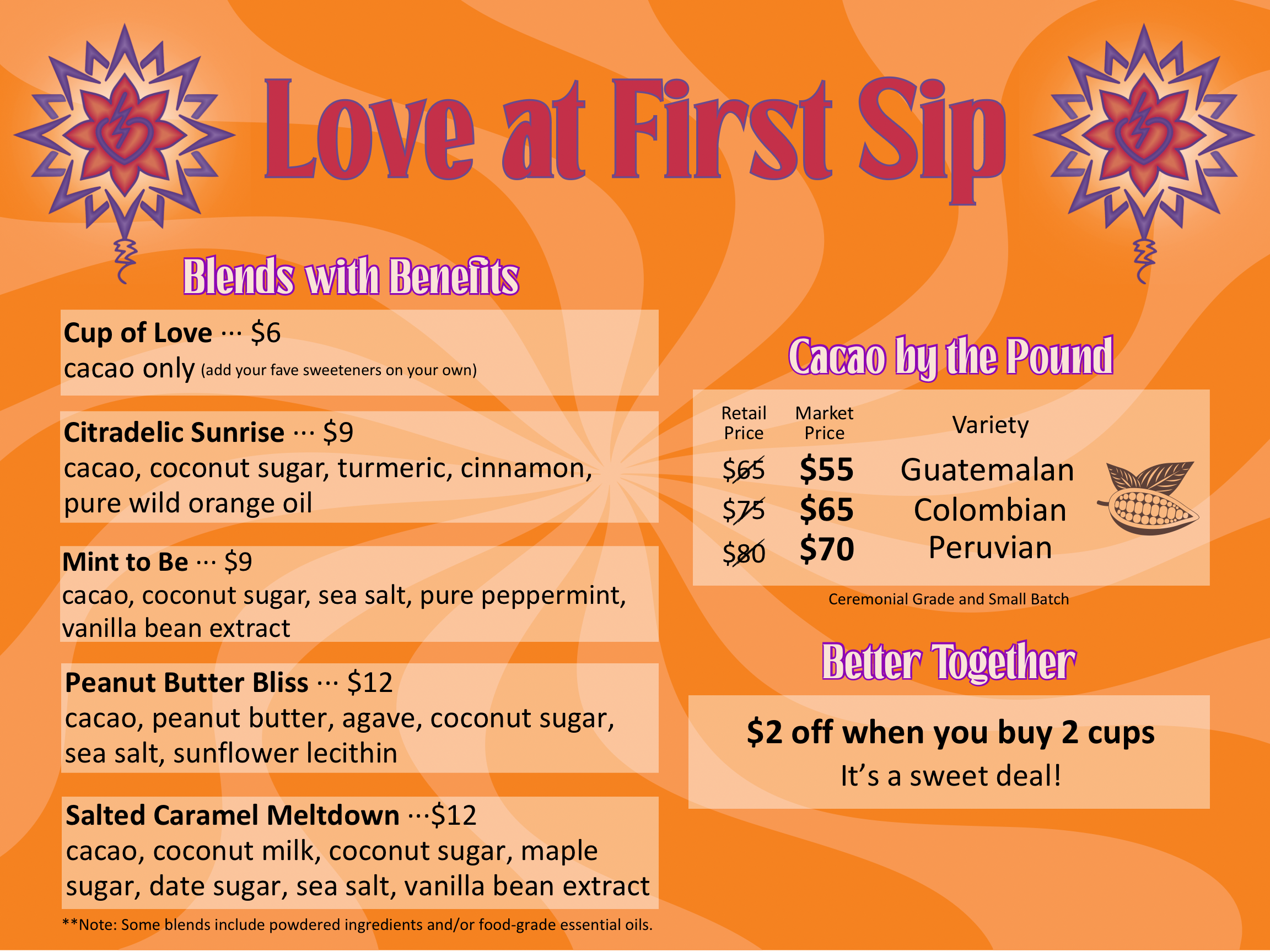 A brightly colored menu board with orange background and purple accents, featuring a selection of hot chocolate blends, cacao by the pound, and special offers at Love at First Sip.