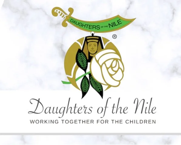 Daughters of the Nile logo with a stylized sword, Egyptian motif, rose, and text 'Working together for the children' on a marble background.