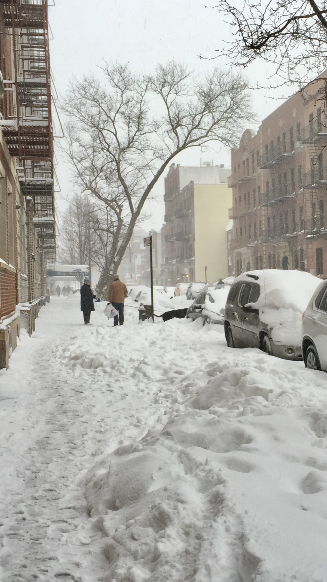 Snowy sidewalk in New York City with two pedestrians conversating and cars buried in snow