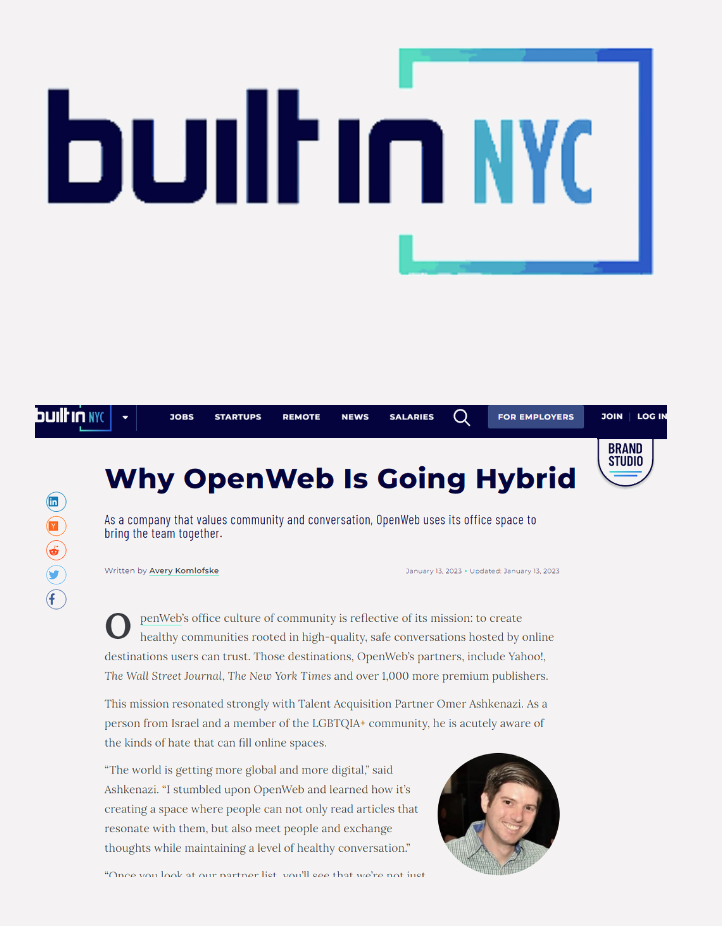 Logo for built in NYC website, with a navigation menu and an article titled "Why OpenWeb Is Going Hybrid".