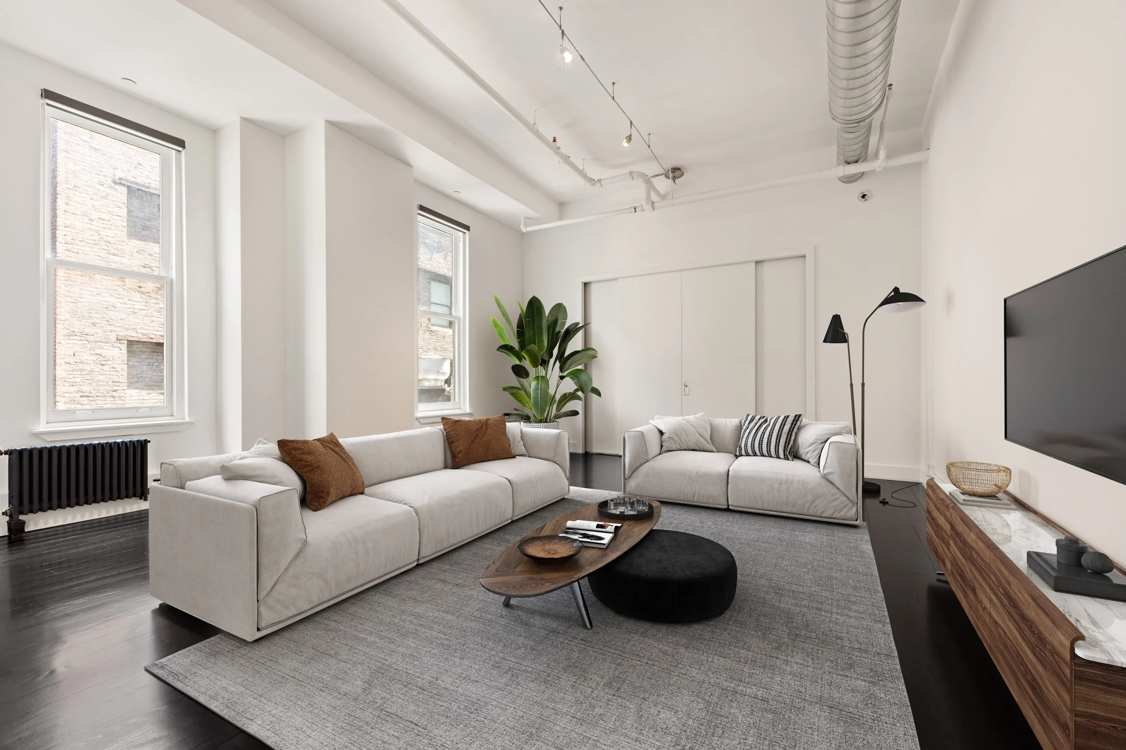 Modern living room with white sofas, a gray rug, a wooden coffee table, a large plant, black floor lamp, flat-screen TV, and large windows.