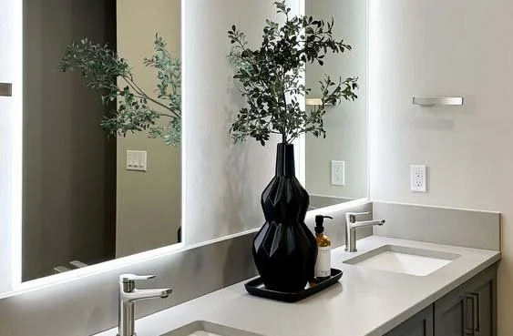 A bathroom double vanity with two sinks, a large mirror, and a black vase with green plant decor.