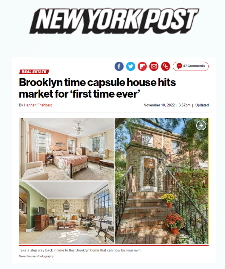 Screenshot of a New York Post article about a Brooklyn time capsule house hitting the market, showing interior and exterior photos of the house.