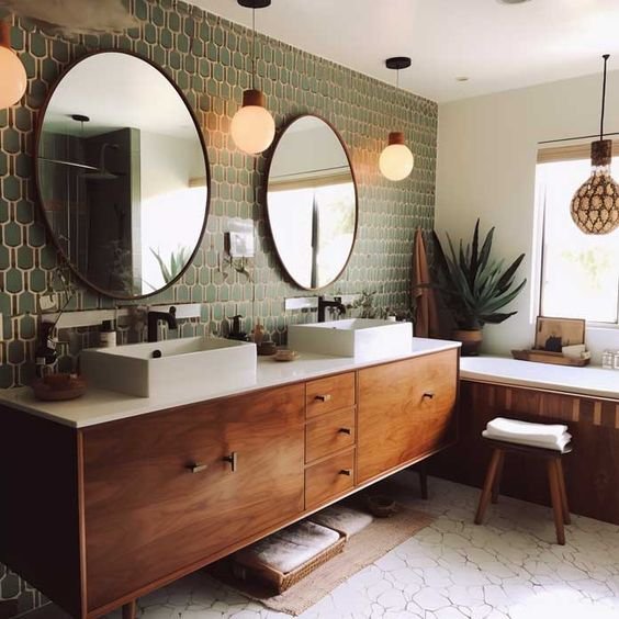 A modern bathroom with double vanity sinks, large round mirrors, green tiled accent wall, wooden cabinet, decorative hanging light fixtures, a bathtub with a window, large potted plant, and a small stool with towels.