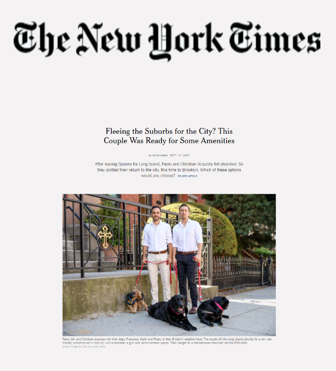 Front page of The New York Times newspaper featuring an article titled 'Fleeing the Suburbs for the City? This Couple Was Ready for Some Amenities' with a photo of two men with dogs on a city sidewalk.