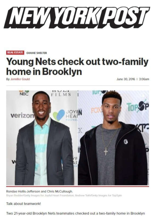 New York Post headline about Brooklyn Nets players Rondae Hollis-Jefferson and Chris McCullough checking out a two-family home in Brooklyn, with photos of the two young men in front of event backdrops.