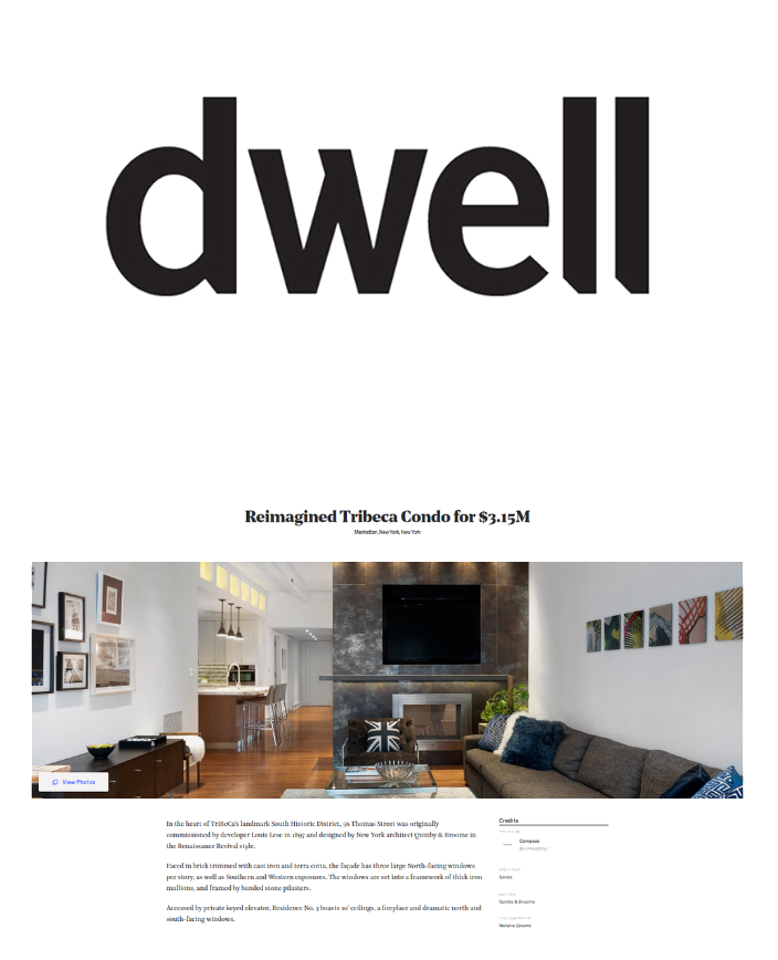 Title page with the word 'dwell' in large black letters, followed by a subtitle about a condo reimagining, and a photo of a modern, stylish living room with a fireplace, wall decor, and contemporary furniture.
