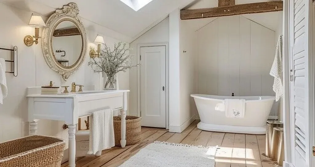 A bright, cozy bathroom with white walls, a freestanding bathtub, a large mirror, and a vanity with fixtures. Natural light streams in through a skylight, and there are woven baskets and neutral decor accents.