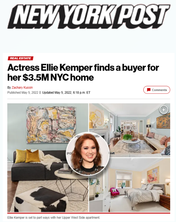 Screenshot of a New York Post article about actress Ellie Kemper selling her NYC home for $3.5 million. The article features photos of the interior of her apartment, including a living room with colorful artwork, a cozy sitting area, a bedroom with white bedding and artwork on the wall, and a sitting room with pink accents. A small circular inset shows Ellie Kemper's headshot.